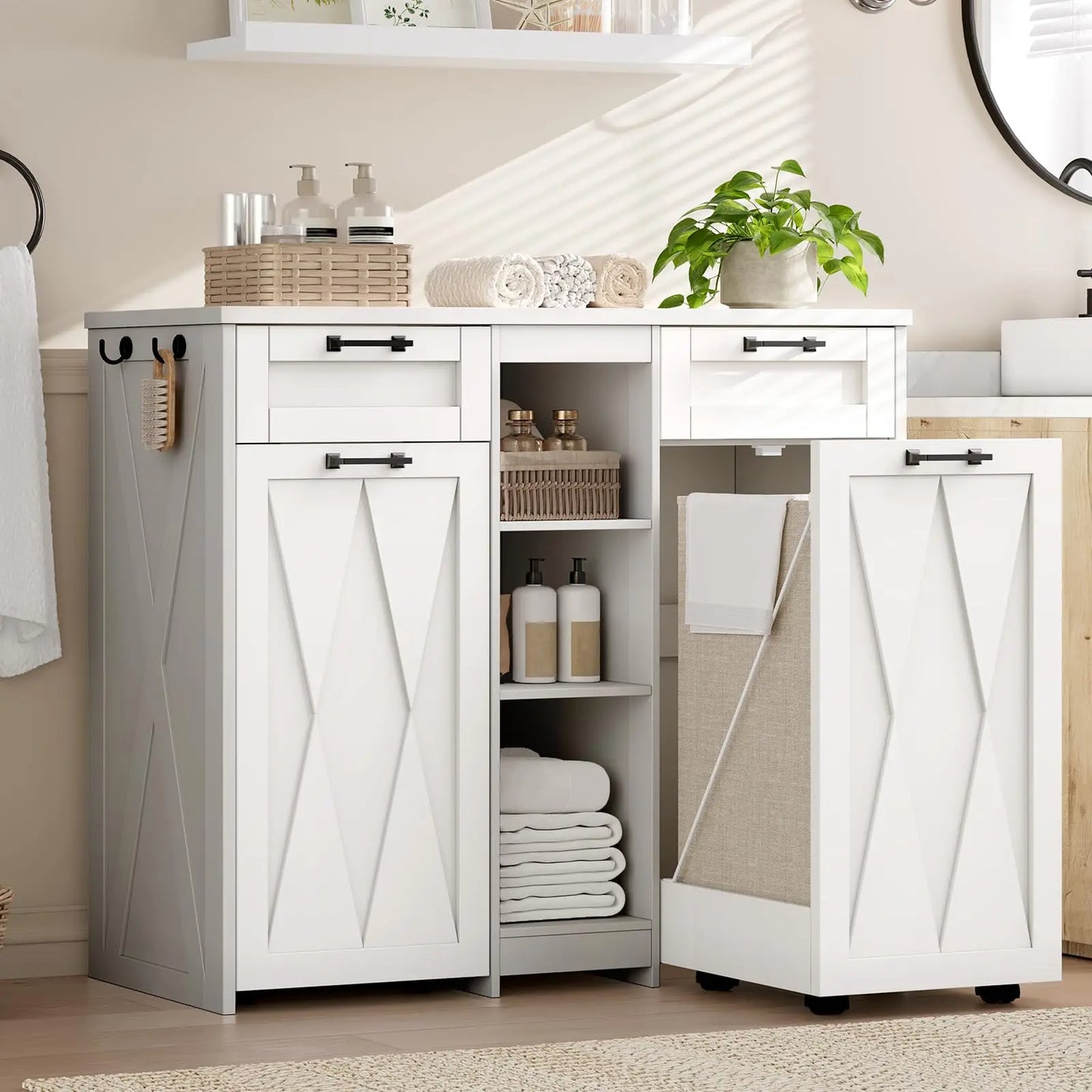 Laundry Hamper Cabinet With 2 Drawers And Removable Baskets