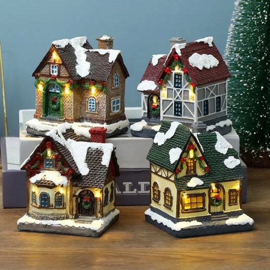 Christmas LED Light House Resin Miniature Village Ornaments
