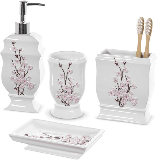 Cherry Blossom Bathroom Accessories Set 4 Piece Dispenser Toothbrush Holder Dish