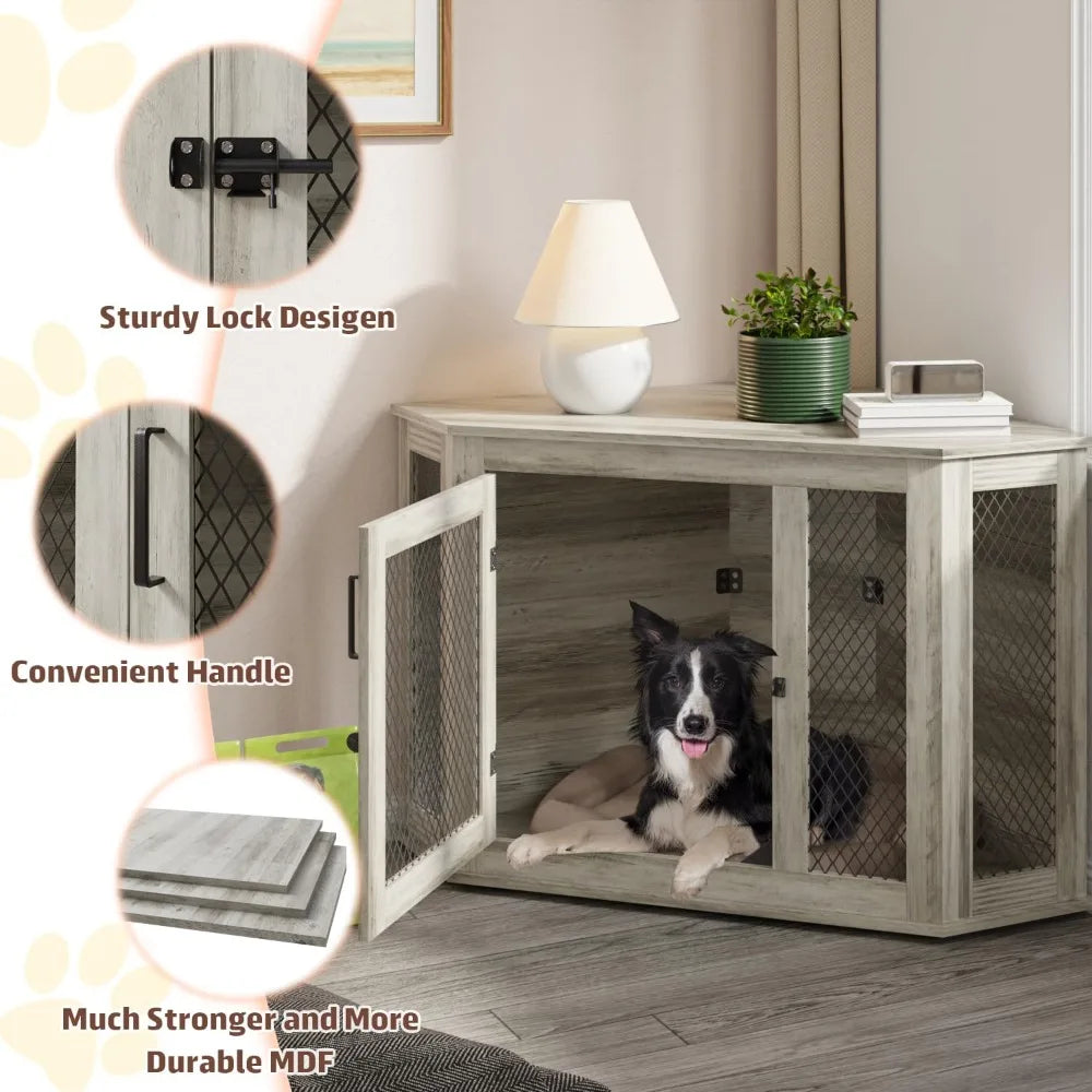 MKDK Wooden Corner Dog Crate Furniture With Mesh Kennel