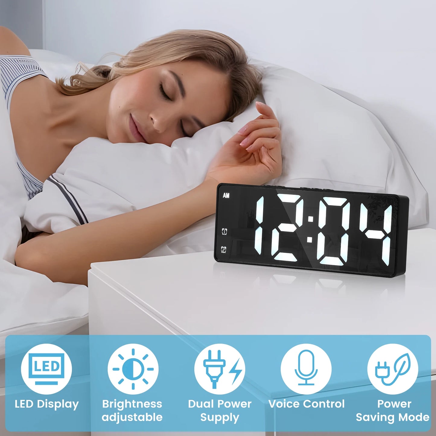 LED Alarm Clock With Voice Control, Adjustable Brightness, Dual Power
