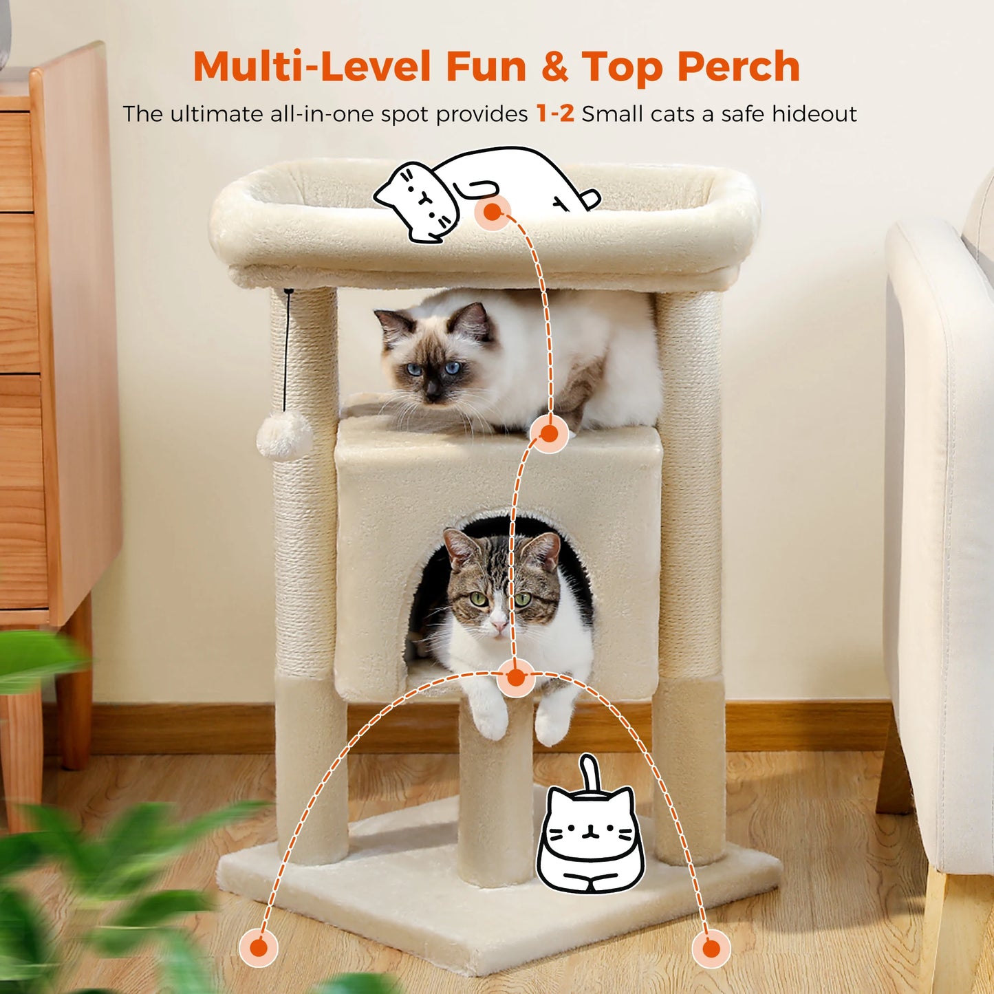 PAWZ Road Small Cat Tree With Sisal Scratching Posts And Soft Top Perch