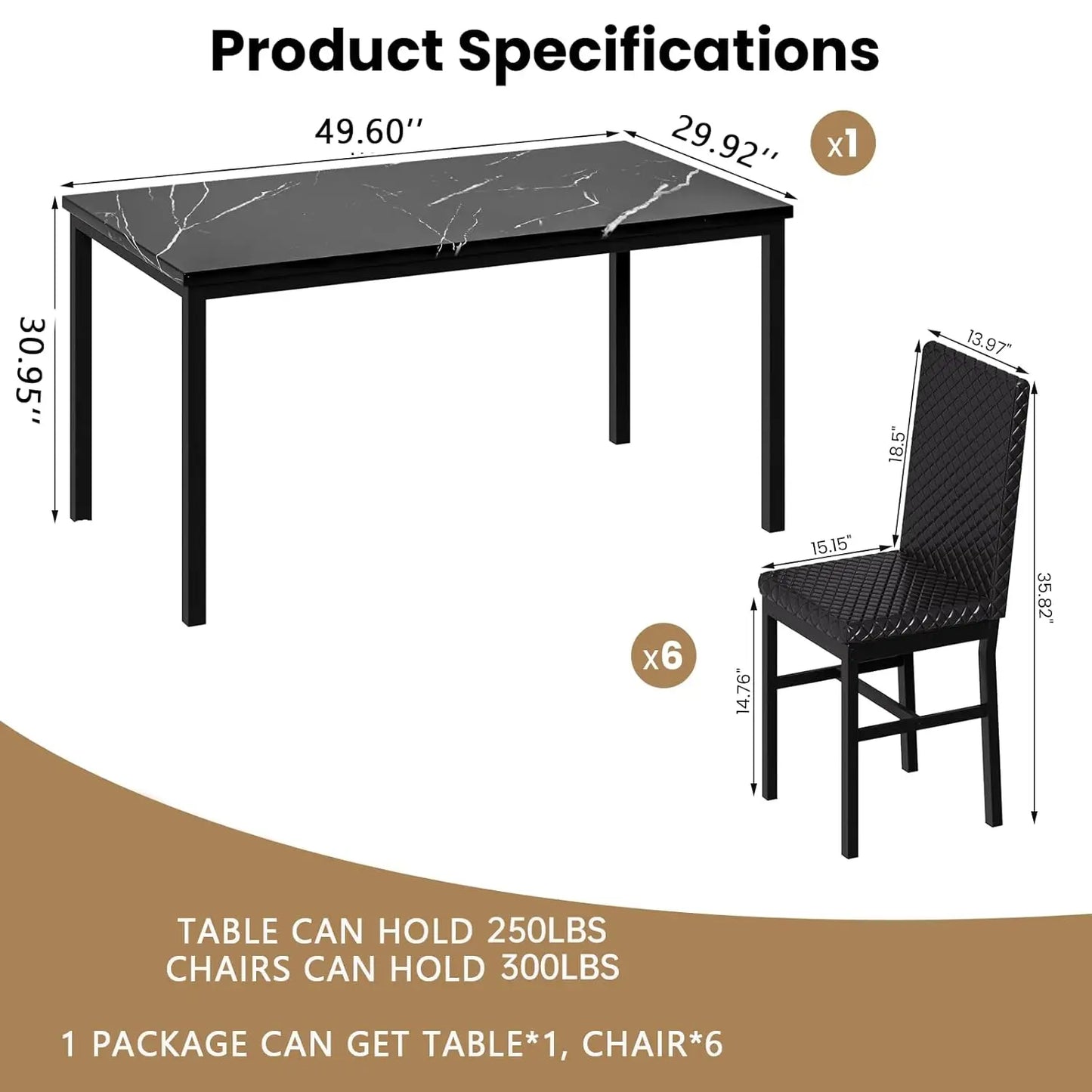 GUOHE Dining Table Set 6 Faux Marble PU Leather Chairs