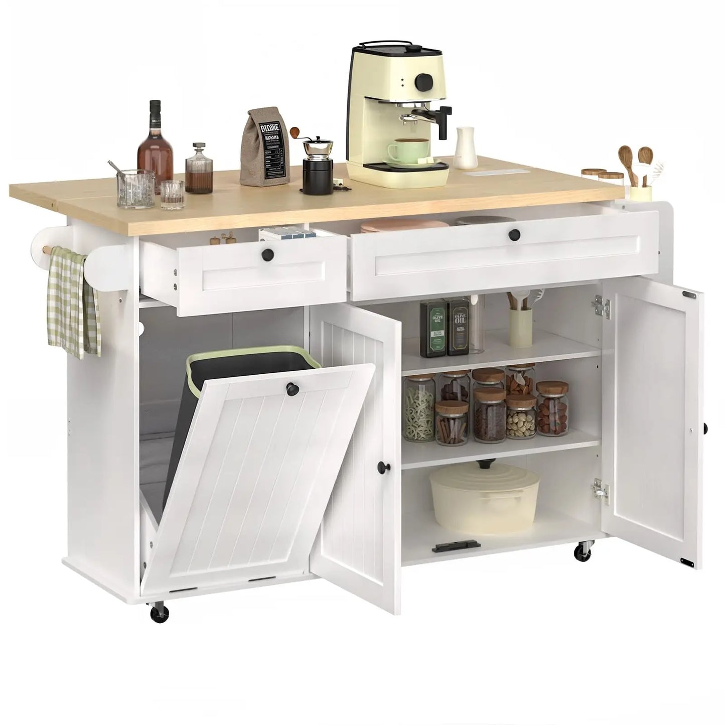 ONBRILL Mobile Kitchen Island With Rolling Trolley PowerOutlet Spice Rack