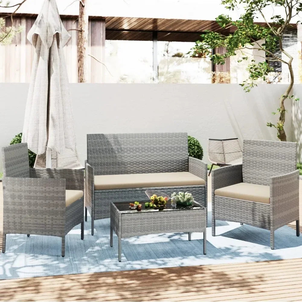 Outdoor Wicker Rattan 4-Piece Conversation Set For Patio