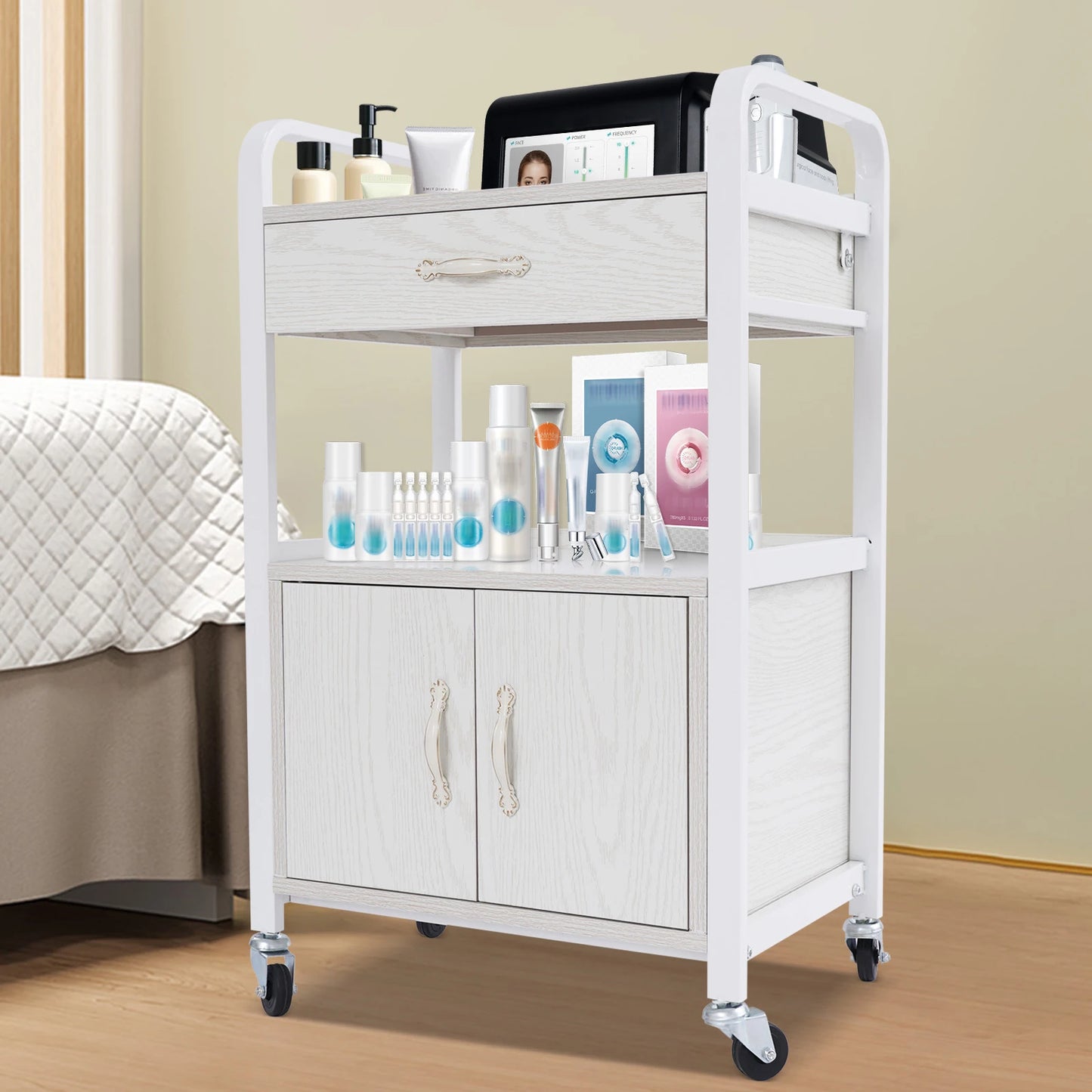 Bymaocar Salon Wood Panels Storage Cart Free Standing Organizer