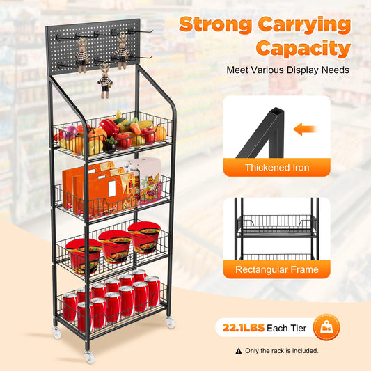 4 Tier Display Snack Rack With Universal Wheels Metal Stand