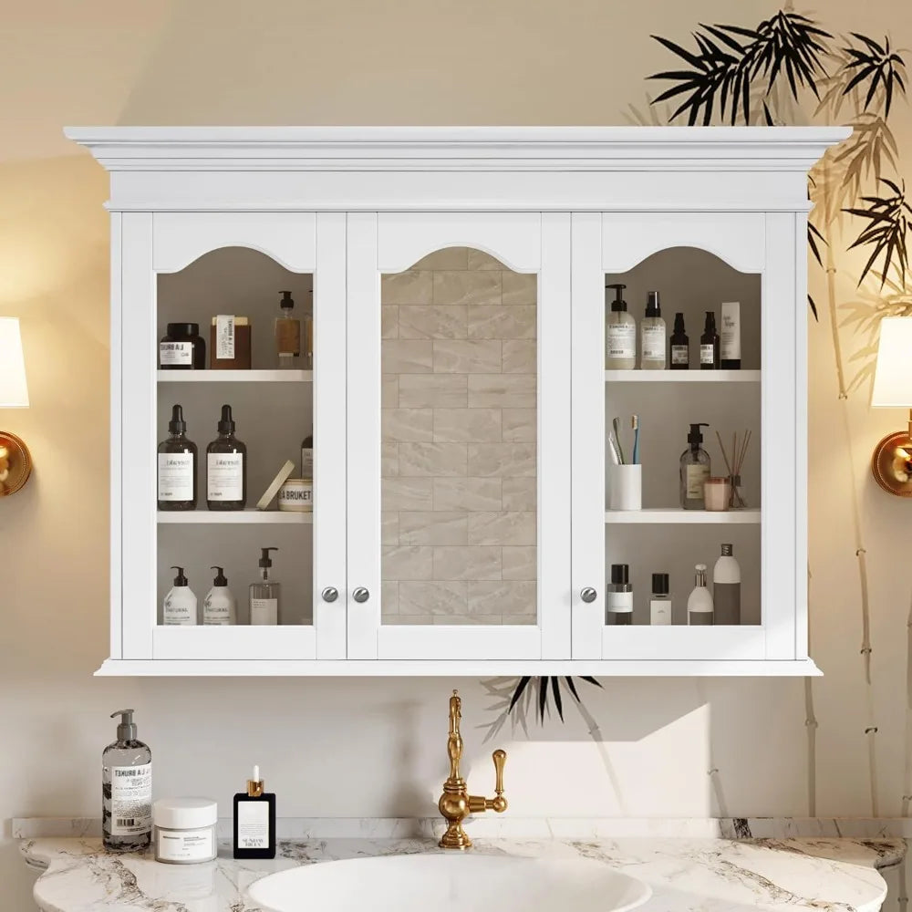 Medicine Cabinet Mirror Wall Mounted Bathroom Glass Doors Adjustable Shelves