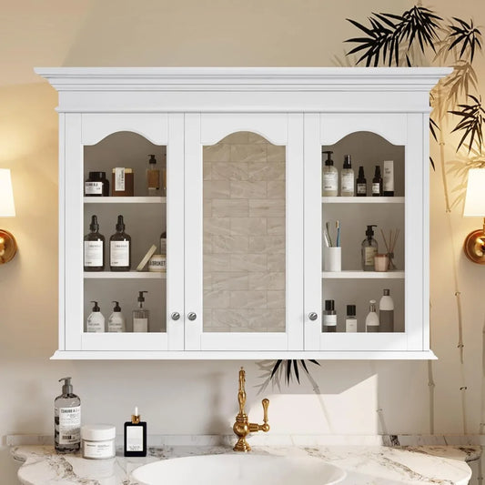 Medicine Cabinet Mirror Wall Mounted Bathroom Glass Doors Adjustable Shelves
