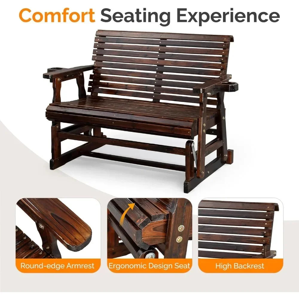 Durable Wooden Patio Glider Chair With Built-In Cup Holders