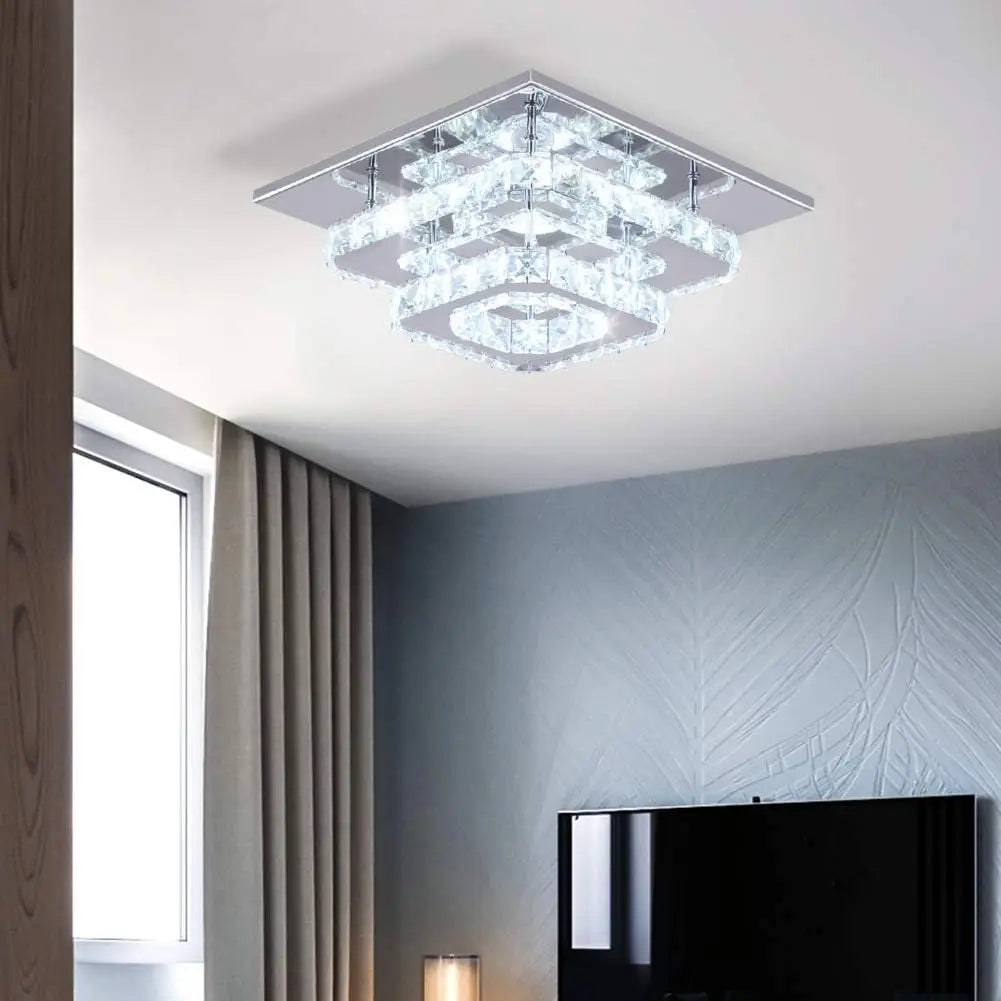 FRIXCHUR Crystal Flush Mount LED Ceiling Light With Stainless Steel Mirror Base