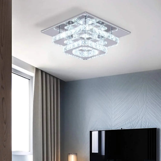 FRIXCHUR Crystal Flush Mount LED Ceiling Light With Stainless Steel Mirror Base