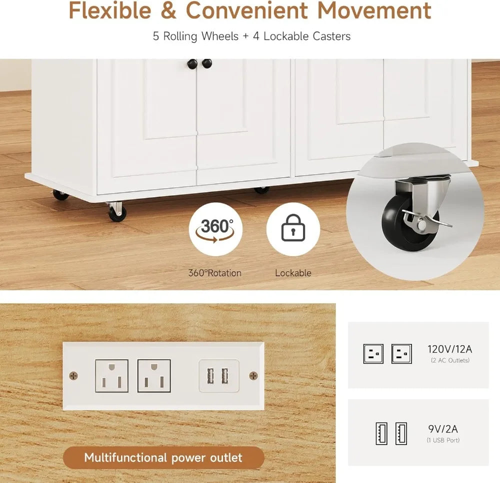 Mobile Kitchen Island Cart With Power Outlet Spice Rack Wheels