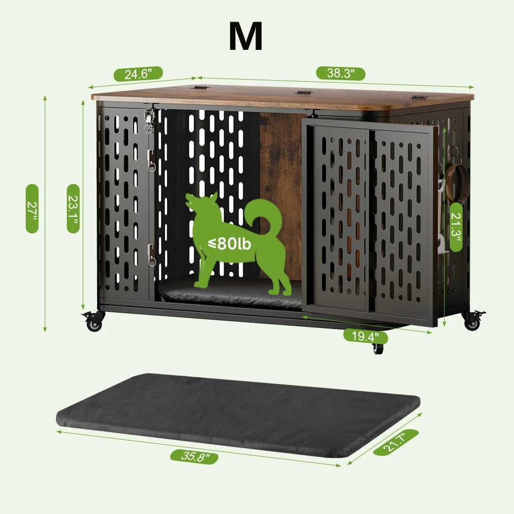 ONBRILL Wood Dog Kennel Cage With Cushion And Wheels