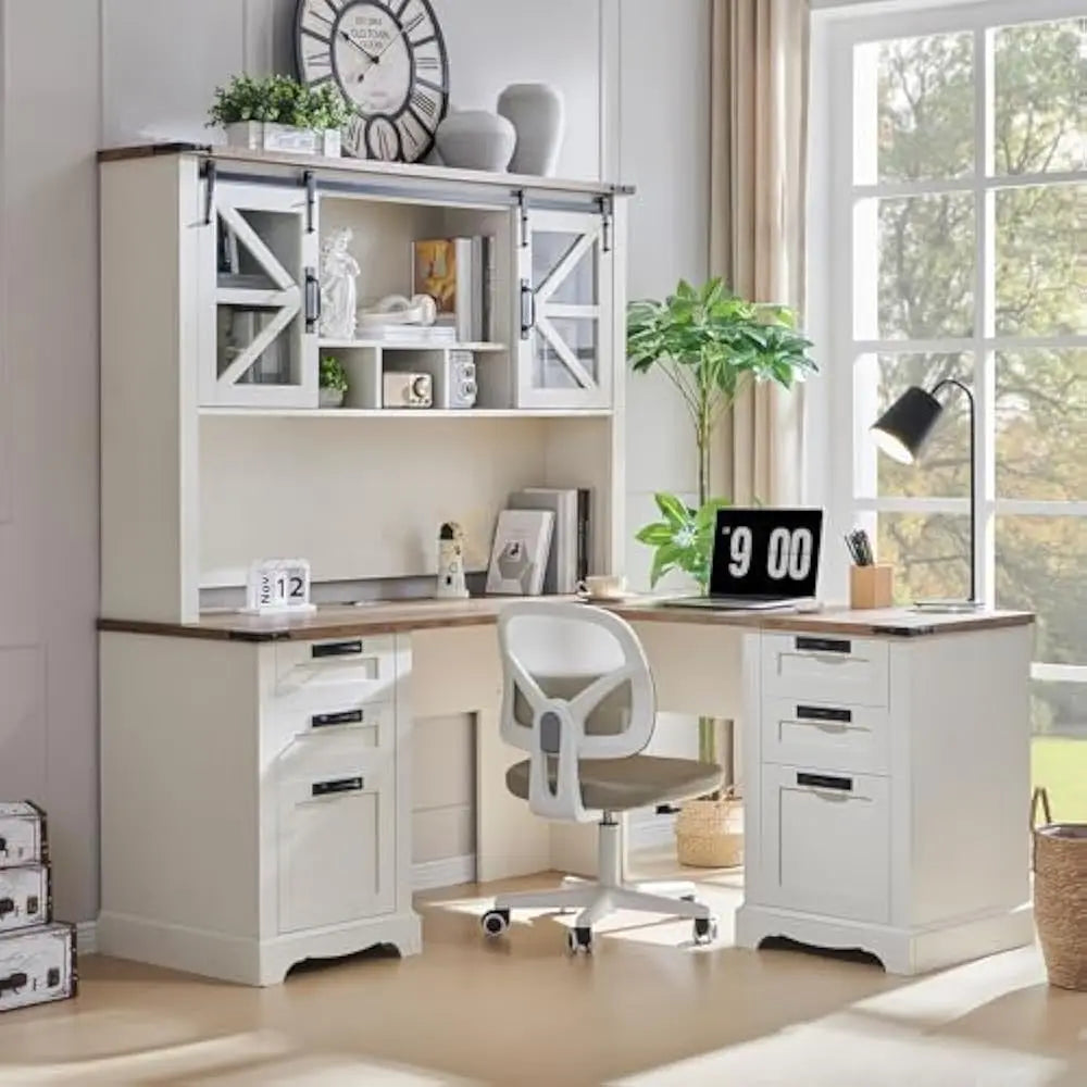 Depth L Shaped Office Desk With Hutch And Storage Cabinet