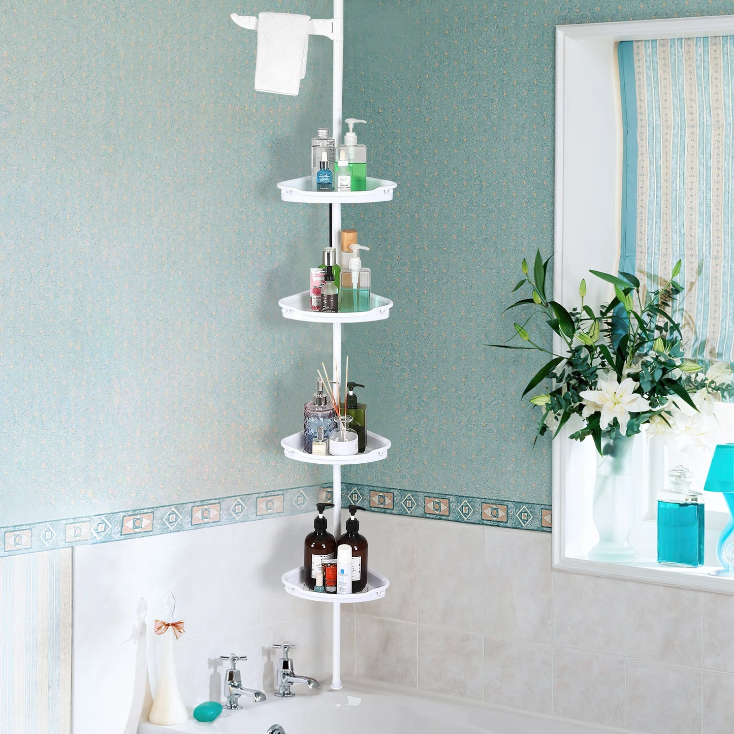 HiMISS Corner Shower Caddy Tension Pole Four Tier Adjustable Shelves