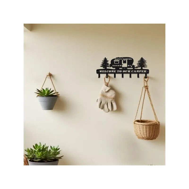 Rustic Metal Camper Key Holder With 7 Hooks And Pine Tree Design Wall Decor