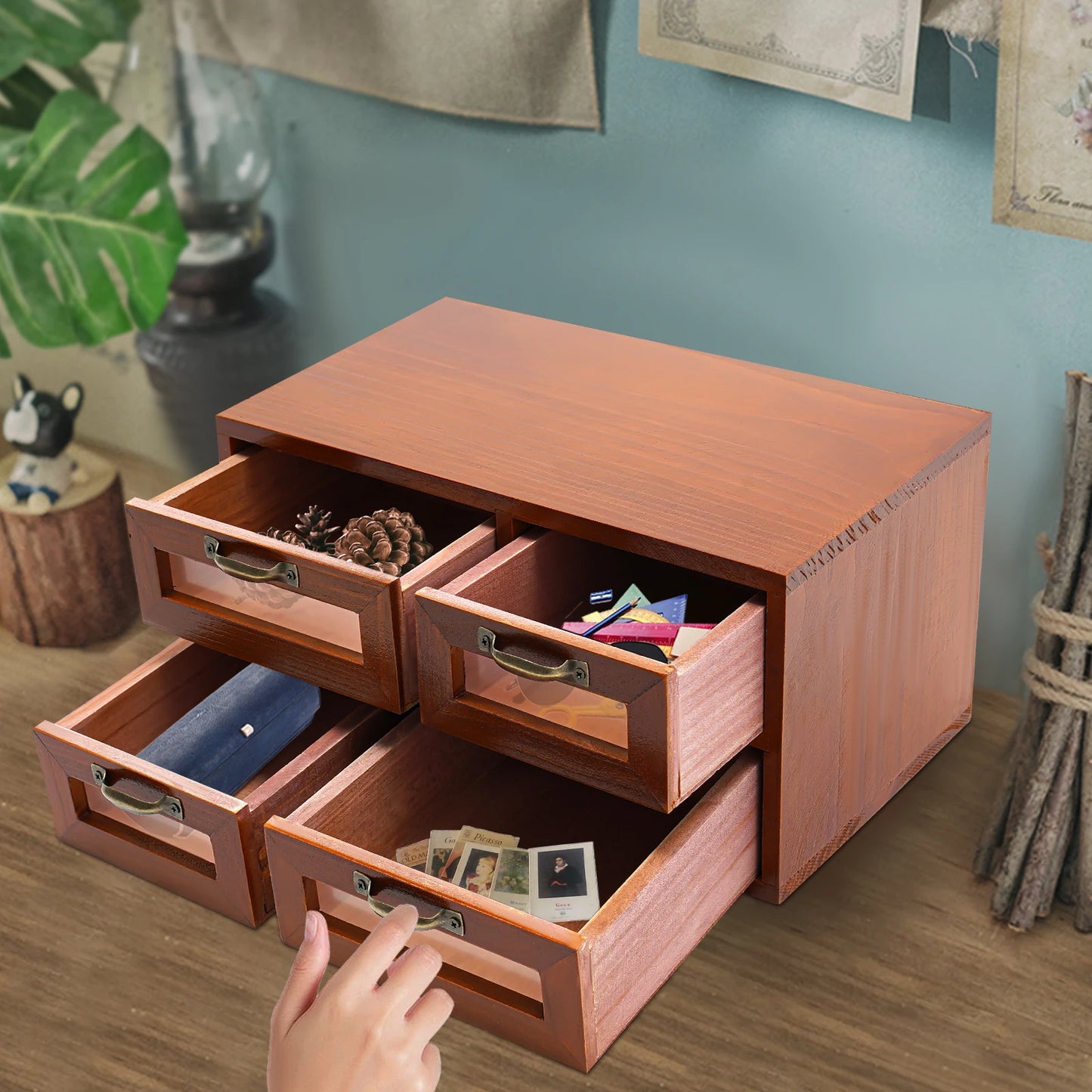 BymaocarCN 4 Drawer Retro Desktop Organizer Wood Storage Box