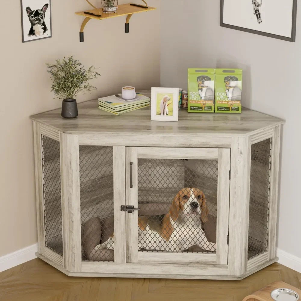 HUANZHUANG Corner Wooden Dog Crate Furniture Indoor Kennel