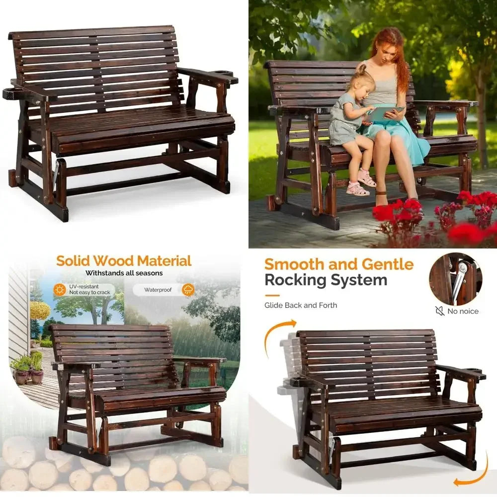 Durable Wooden Patio Glider Chair With Built-In Cup Holders