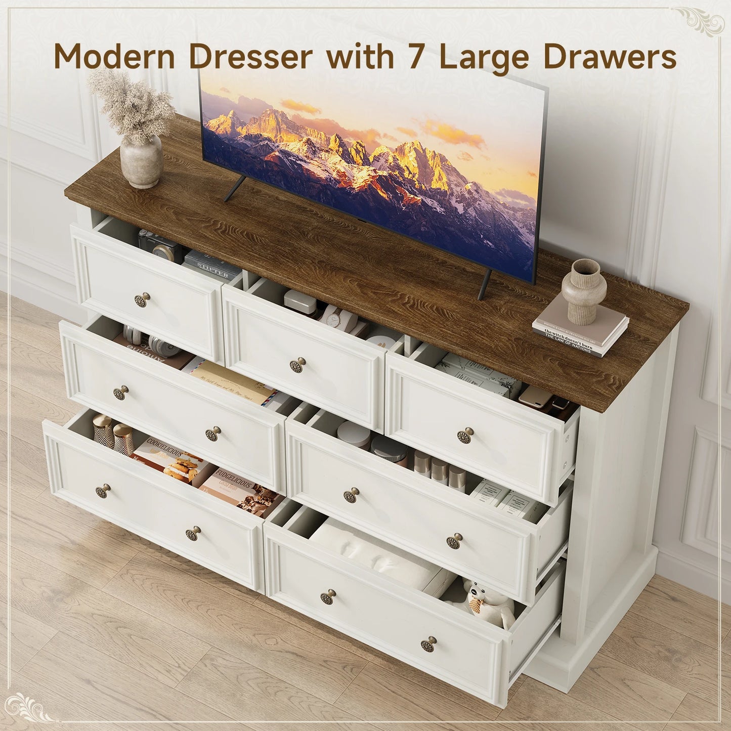7 Drawer Dresser for Bedroom, 55" Wide Wood Rustic Chest of Drawers for Bedroom,  Farmhouse Dressers Clothes Organizer for Close