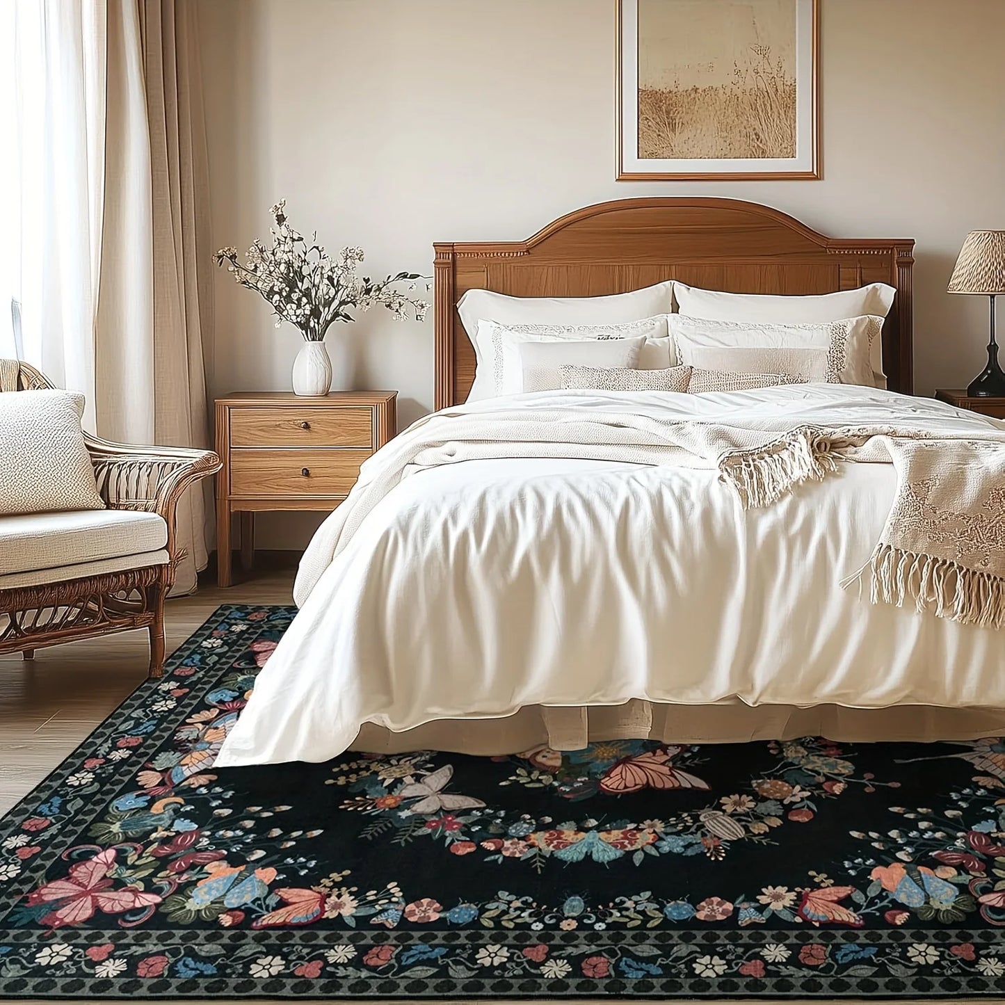 Gnizama Floral Butterfly Living Room Area Rug Washable Vintage Polyester Bedroom Rug