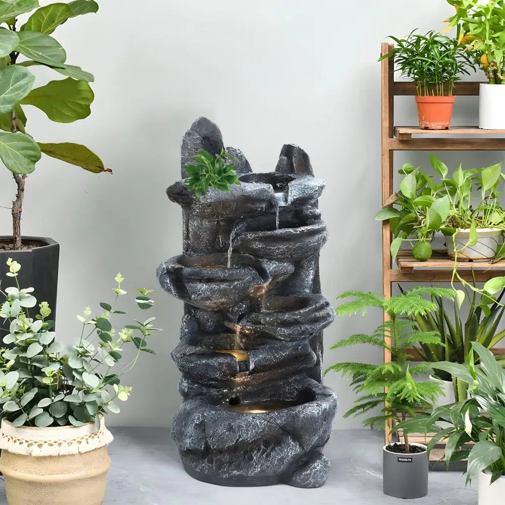 Six-Tier Cascading Rock Outdoor Water Fountain With LED Light