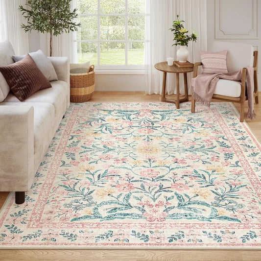 XMSJ Floral Area Rug Soft Boho Washable Non Slip Low Pile Indoor Carpet For Living Room And Bedroom