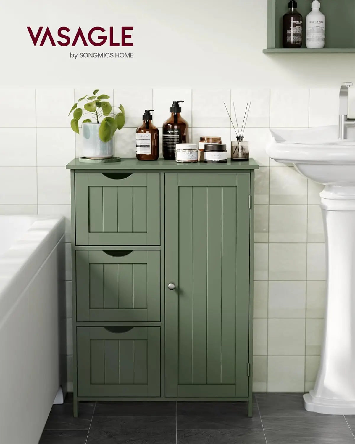 Floor Storage Cabinet Freestanding With 3 Drawers And Adjustable Shelf