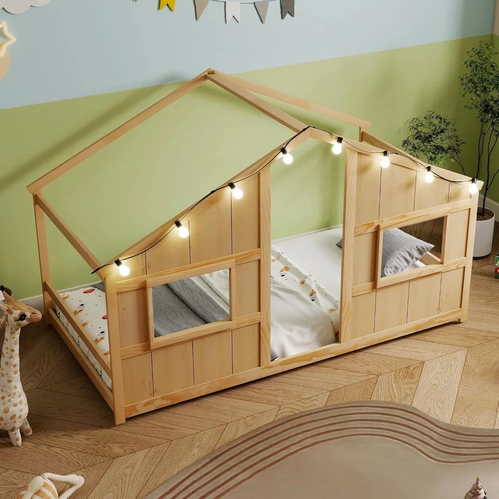 KOMFOTT Floor House Bed With LED Lights Montessori Wood Bed