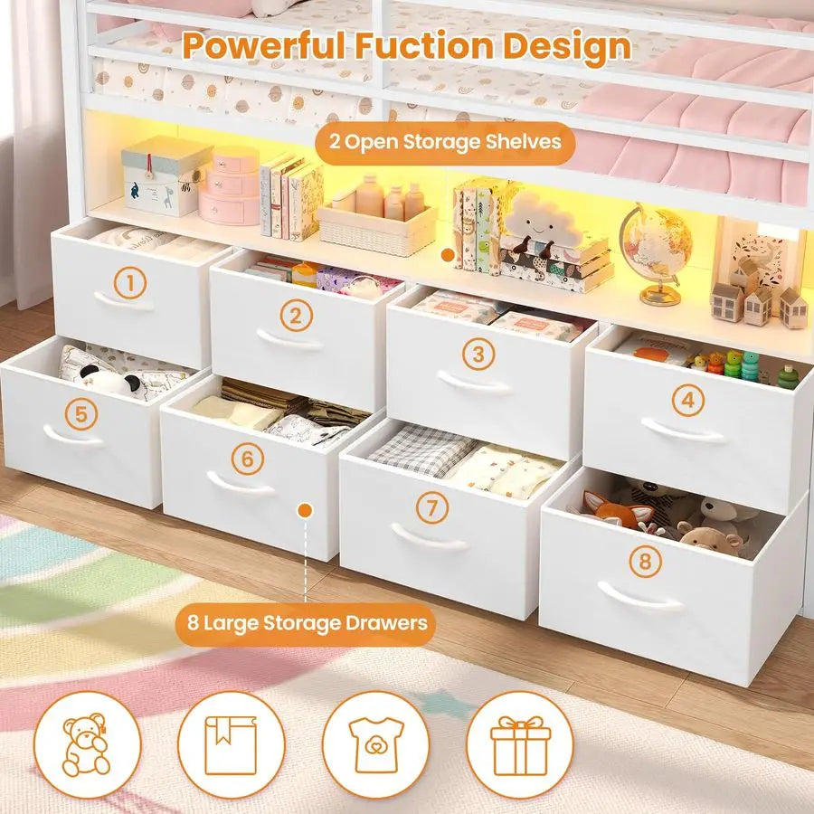 Loft Bed for Kids With Storage Drawers LED Lights and Bookcase