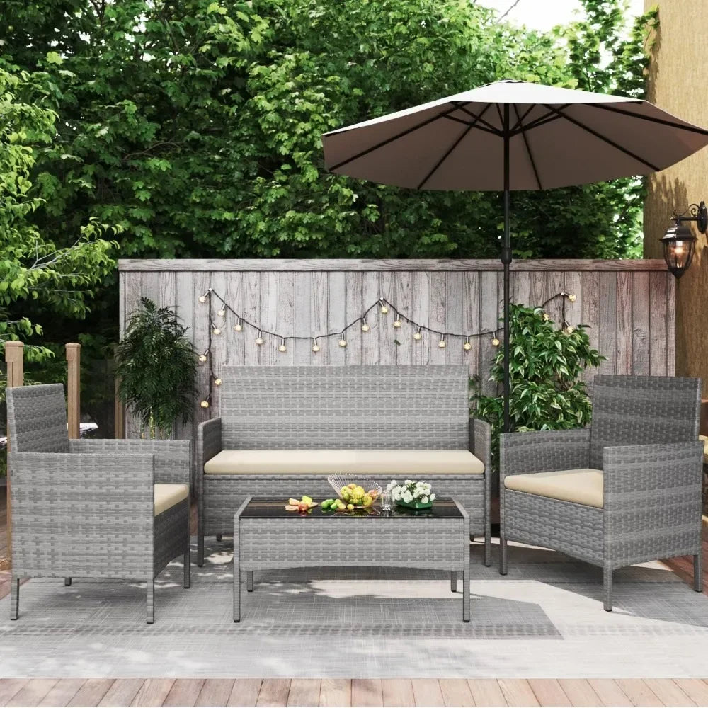 Outdoor Wicker Rattan 4-Piece Conversation Set For Patio