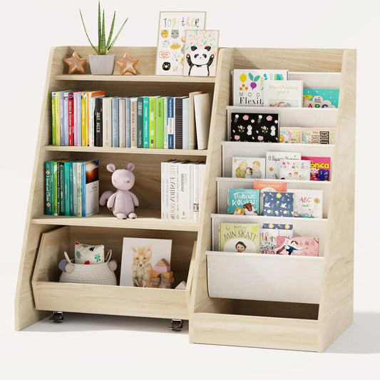 4 Tier Kids Bookshelf With Movable Drawer 5 Pockets Montessori