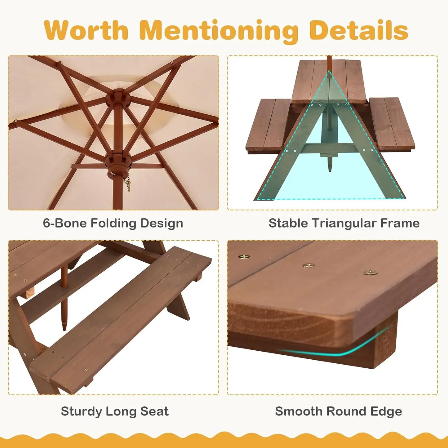 XIAOLANG Kids Picnic Table Outdoor Wooden Bench Set With Umbrella