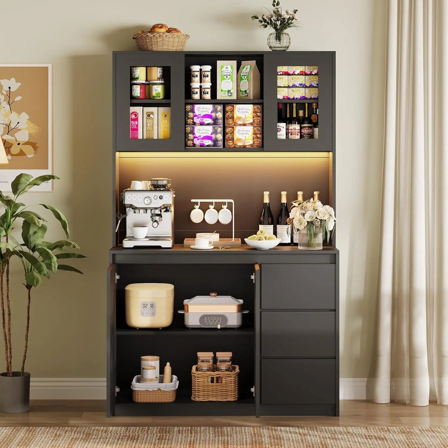 Studyset Kitchen Pantry Cabinet Microwave Stand With Led Lights And Outlets