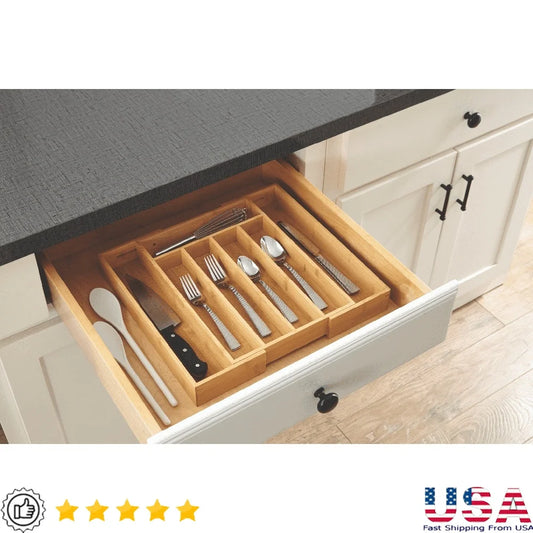 Expandable Bamboo Silverware Organizer With Adjustable Cutlery Tray