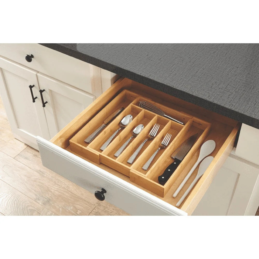 Expandable Bamboo Silverware Organizer With Adjustable Cutlery Tray