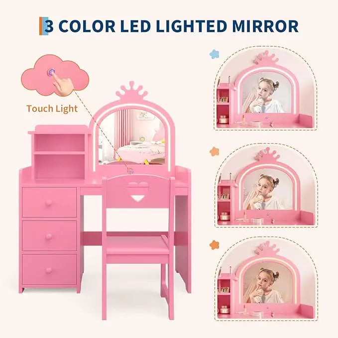 HiMISS Kids Vanity With Lights 2-In-1 Makeup Desk And Chair
