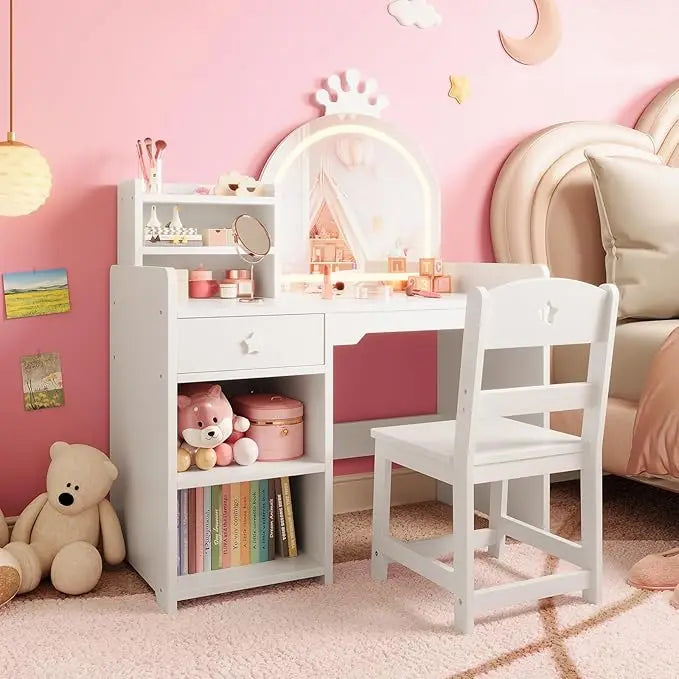 HiMISS Kids Vanity With Lights 2-In-1 Makeup Desk And Chair