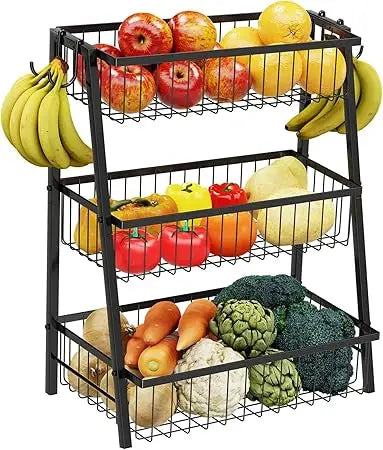 Three Tier Fruit Basket With Four Banana Hooks Metal Wire