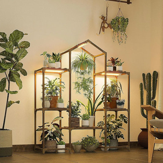 Wood Plant Shelf With Grow Lights For Indoor Hanging Planters