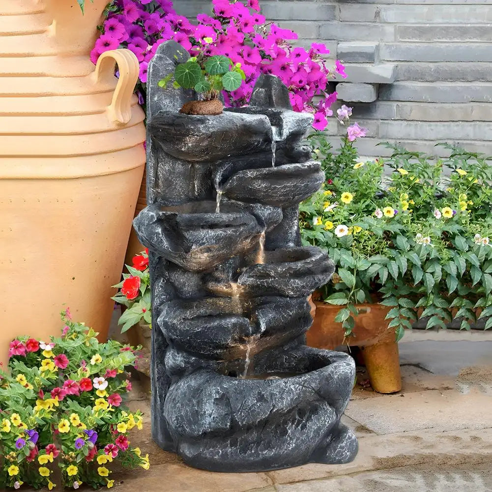 Six-Tier Cascading Rock Outdoor Water Fountain With LED Light