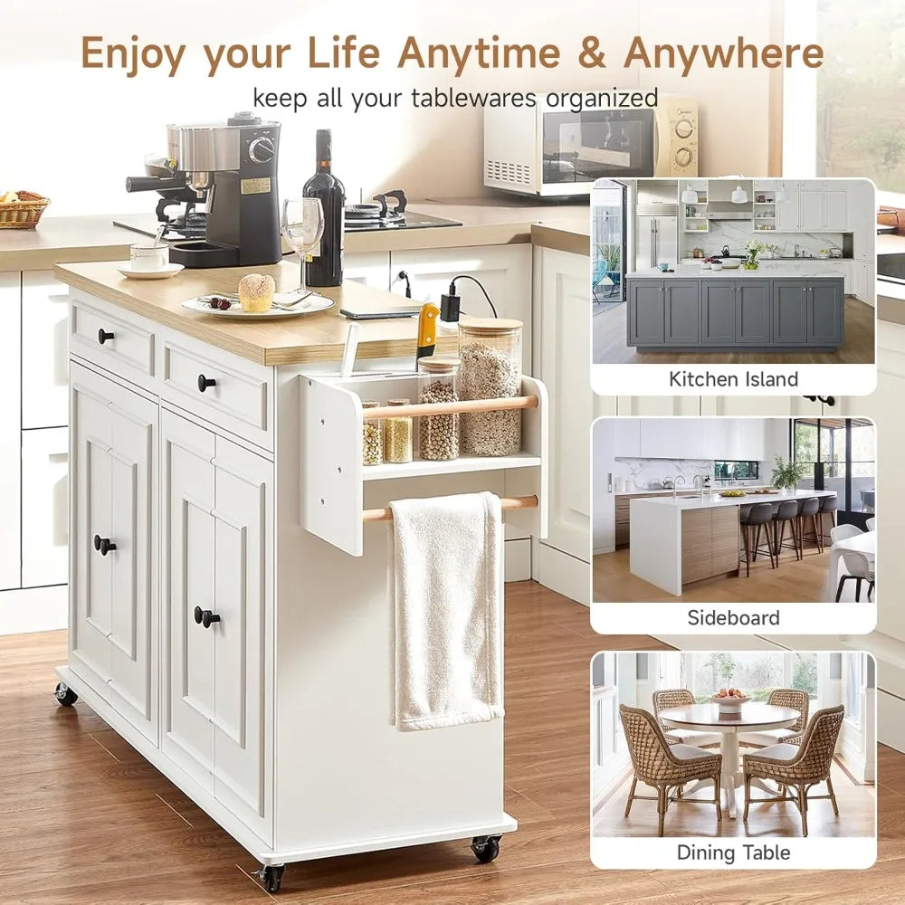 Mobile Kitchen Island Cart With Power Outlet Spice Rack Wheels