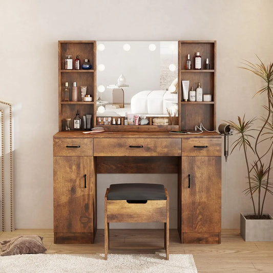 XMSJ Makeup Vanity Table With Lighted Mirror And Outlets