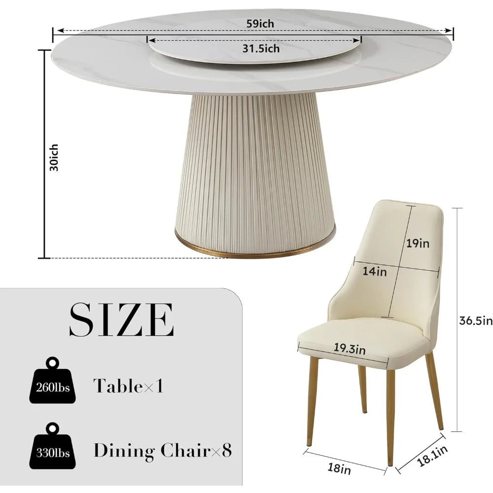 DAFIFY Luxury Round Marble Dining Table Set With Removable Lazy Susan And 8 Chairs