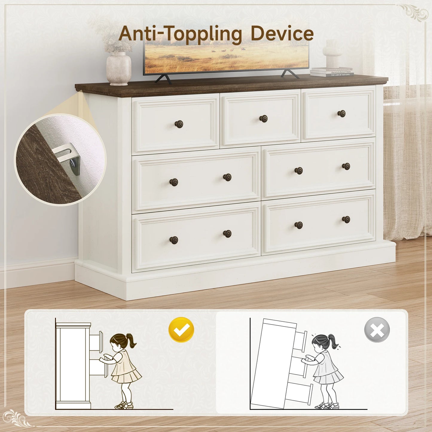 7 Drawer Dresser for Bedroom, 55" Wide Wood Rustic Chest of Drawers for Bedroom,  Farmhouse Dressers Clothes Organizer for Close