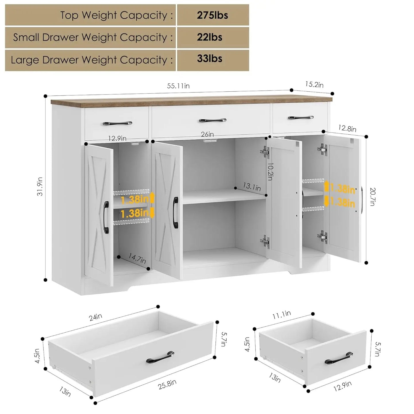 Buffet Cabinet Drawers Sideboard Storage Modern Farmhouse