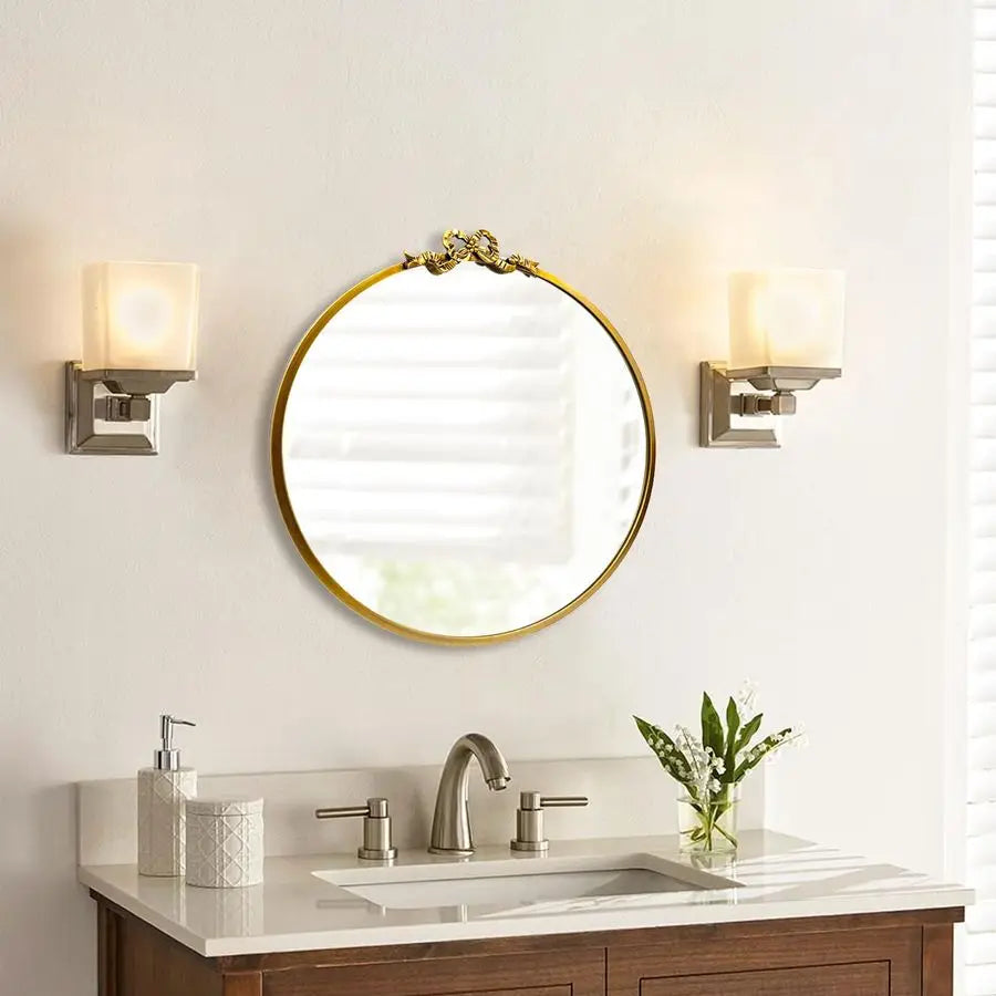 Round Bow Mirror With Ornate Baroque Style Metal Wall Decor