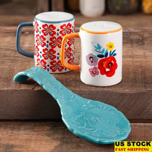 Floral Spoon Rest And Salt Pepper Shaker Stoneware Kitchen Decor