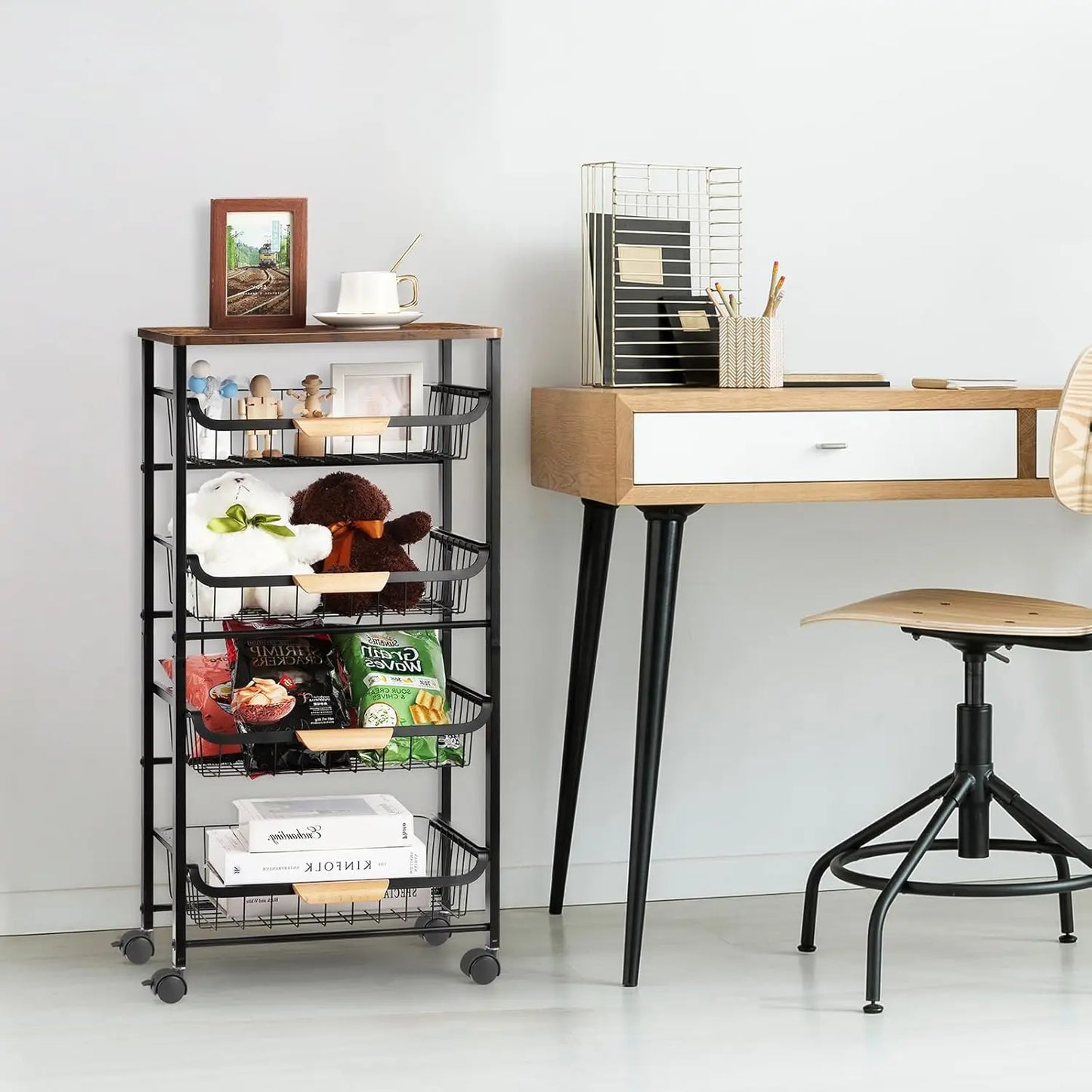 Five Tier Rolling Kitchen Cart With Wooden Top Storage